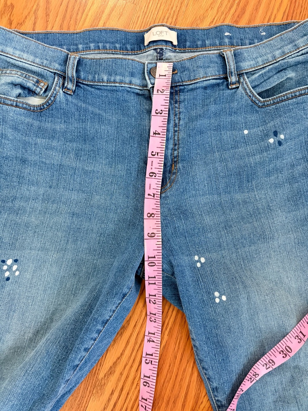 LOFT Blue Straight-Leg High-Rise Jeans with Paint Speckle - Picture 6 of 12